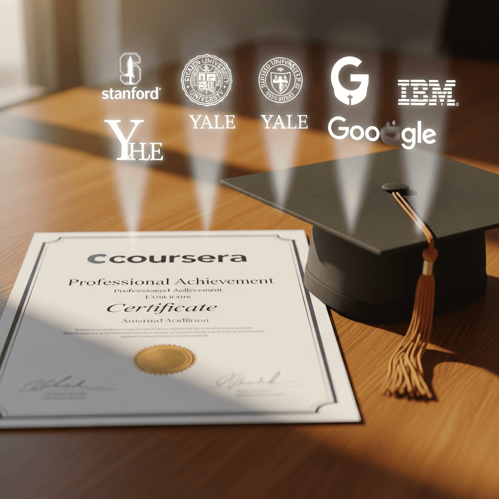 مدرک معتبر کورسرا در کنار کلاه فارغالتحصیلی روی میز کار، با لوگوی دانشگاههای برتر مانند استنفورد و گوگل در پسزمینه
