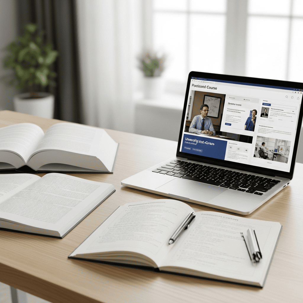 میز کار حرفهای با لپتاپ که دوره آنلاین دانشگاهی کورسرا را نمایش میدهد، در کنار کتاب درسی و دفترچه یادداشت منظم.