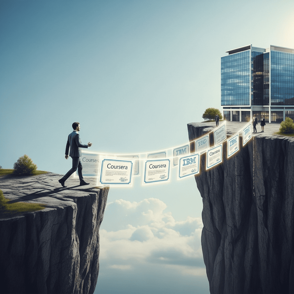 تصویری که نشان می‌دهد اعتبار سرتیفیکیت آنلاین از Coursera و IBM چگونه مانند یک پل، مسیر یک متخصص را برای رسیدن به موفقیت شغلی و استخدام در یک شرکت معتبر هموار می‌کند.