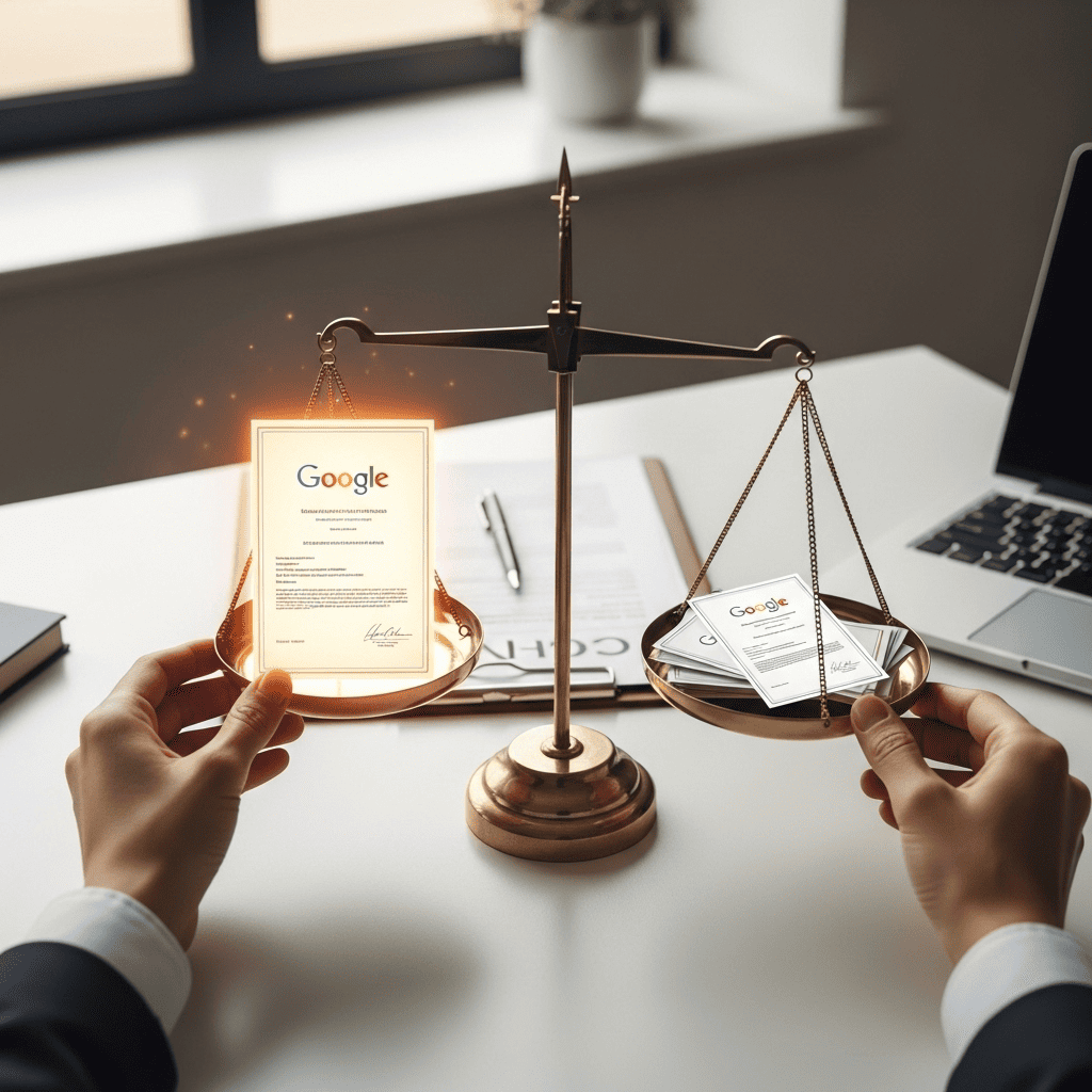تصویری که سنجش اعتبار سرتیفیکیت آنلاین را با یک ترازو نشان می‌دهد؛ جایی که یک گواهینامه حرفه‌ای و درخشان گوگل ارزشی بیشتر از انبوهی از گواهینامه‌های عمومی دارد و نماد کیفیت برتر در فرآیند استخدام است.