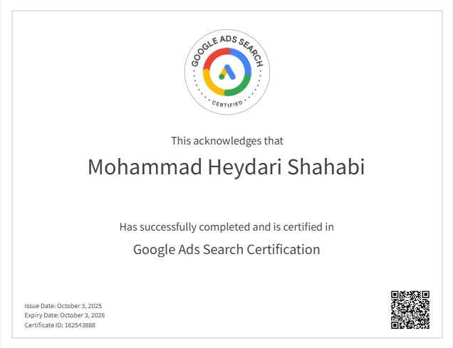 سرتیفیکیت Google Ads Search Certification (تبلیغات جستجوی گوگل) محمد حیدری شهابی مدیر تیکینو