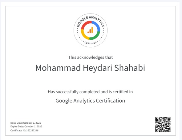 نمونه مدرک رسمی سرتیفیکیت گوگل آنالیتیکس ۴ (GA4) محمد حیدری شهابی مؤسس تیکینو