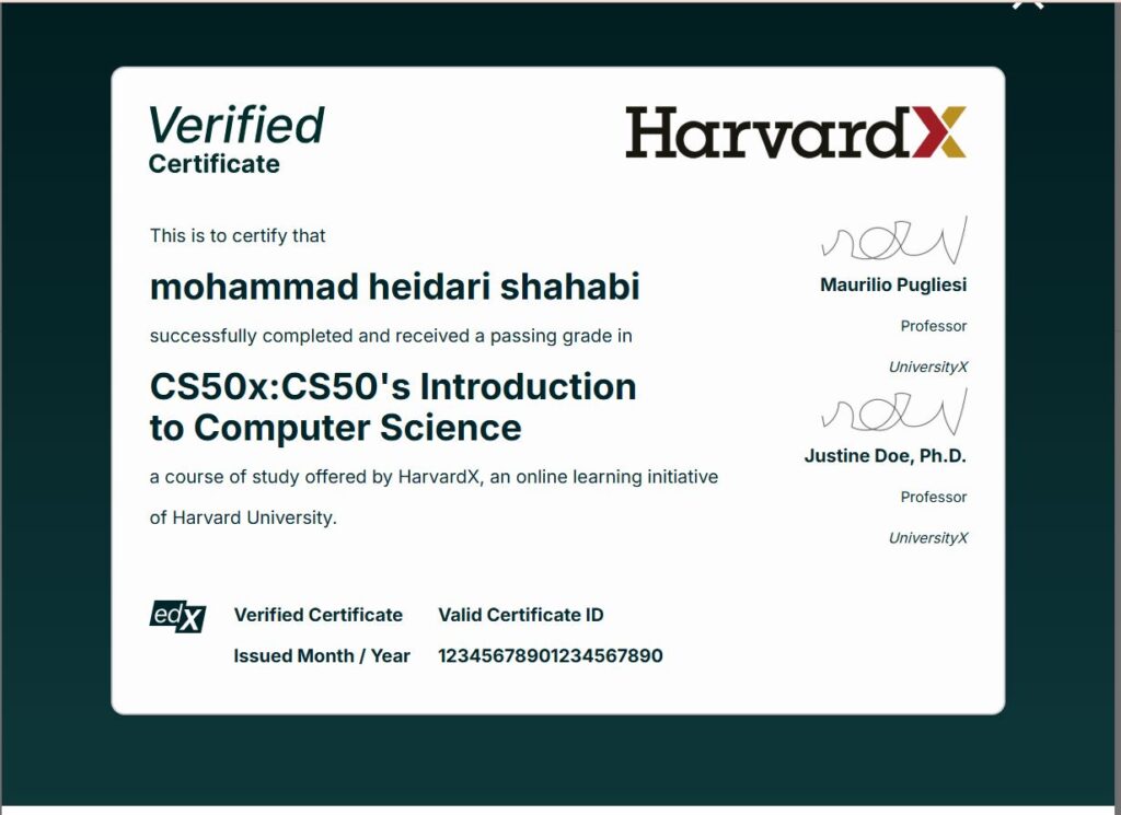سرتیفیکیت دوره علوم کامپیوتر CS50 دانشگاه هاروارد - محمد حیدری شهابی
