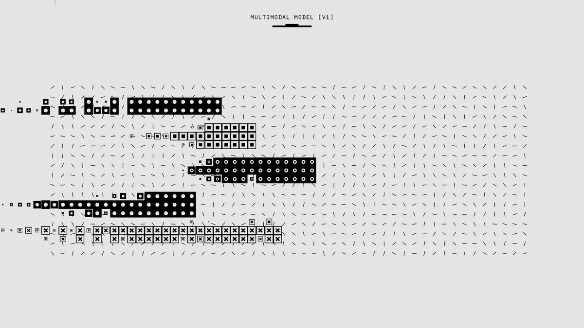 Abstract black and white graphic featuring a multimodal model pattern with vario