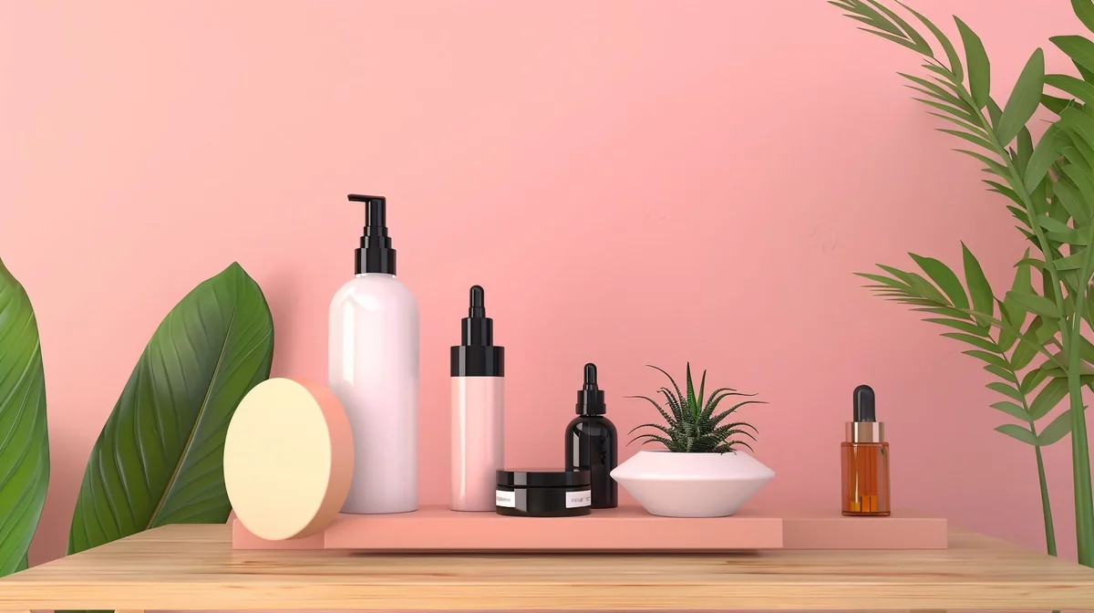 Chic arrangement of spa and beauty products on wooden surface with pink backgrou