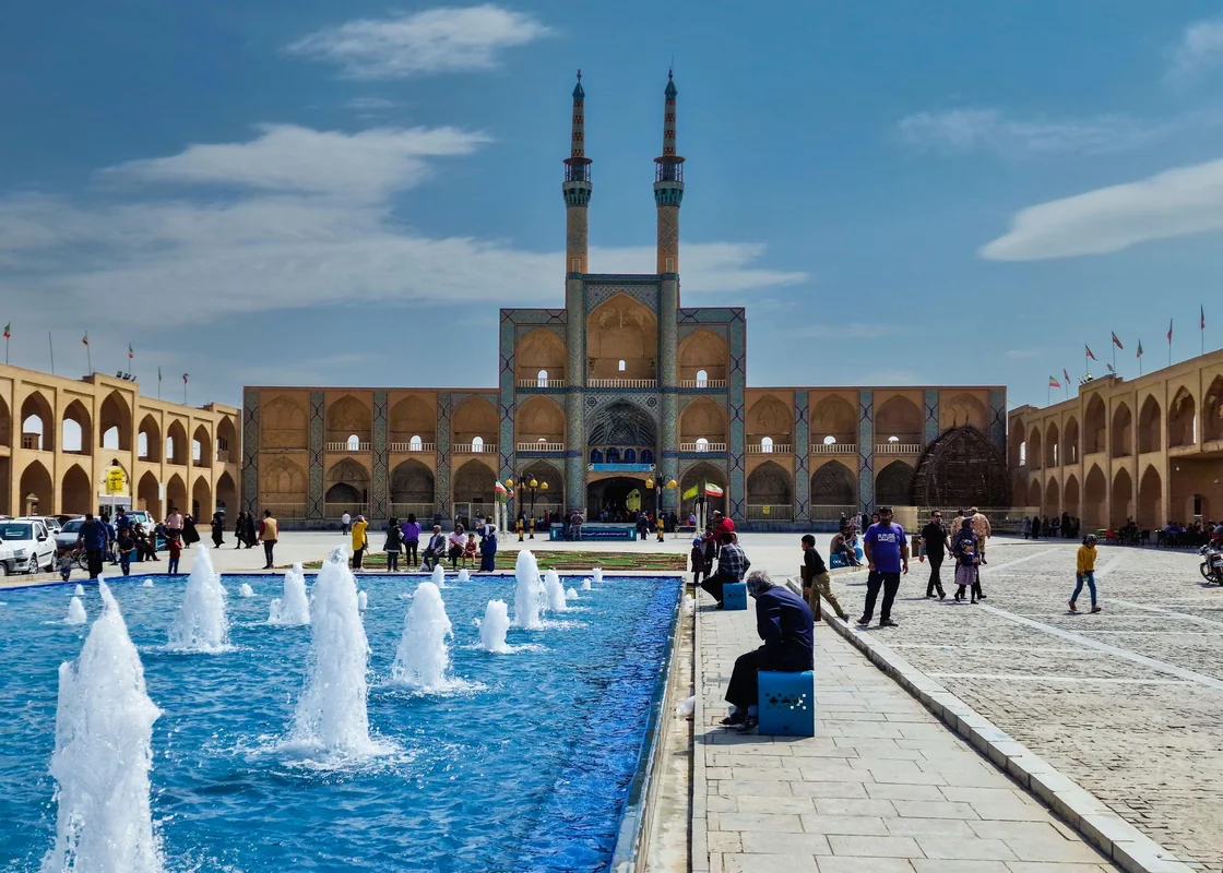 The Amir Chakhmaq Complex in Yazd, Iran, featuring its famous fountains and arch
