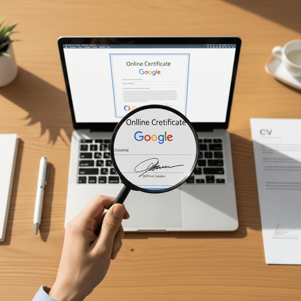 تصویری از سنجش اعتبار سرتیفیکیت آنلاین توسط کارفرما که با ذره‌بین لوگو و امضای مدرک را برای تایید و استخدام بررسی می‌کند.