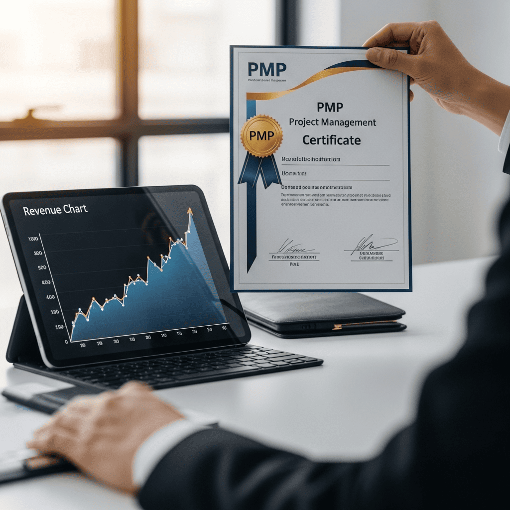 تصویری از یک سرتیفیکیت مدیریت پروژه PMP که در کنار یک نمودار رشد درآمد قرار گرفته و فرمول افزایش حقوق و موفقیت مالی پس از دریافت این مدرک معتبر را نشان می‌دهد.